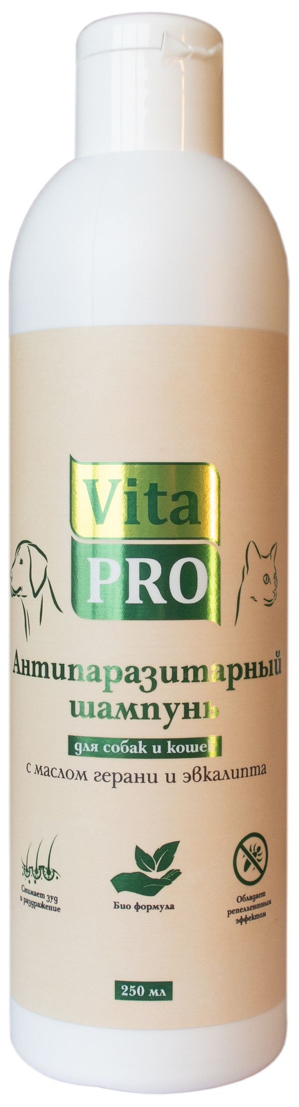 Vita Pro 250 мл биошампунь для собак и кошек антипаразитарный универсальный с маслом герани и эвкалипта 1х15