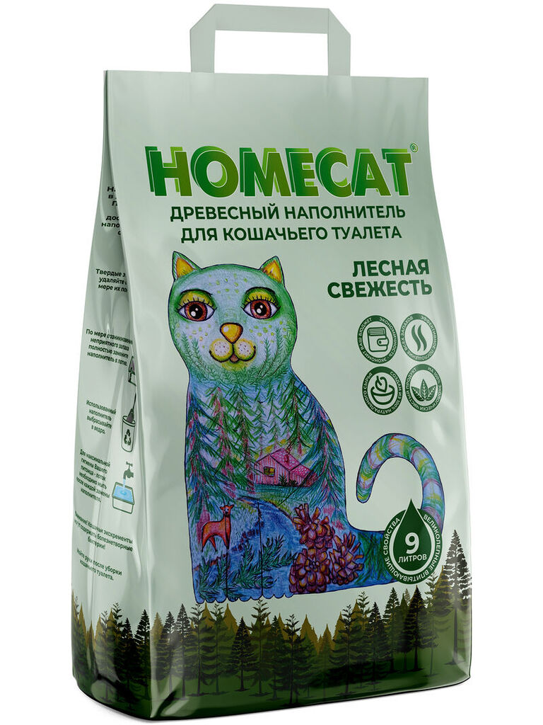 HOMECAT Лесная свежесть 9 л 3 кг древесный наполнитель для кошачьих туалетов мелкие гранулы 1х4