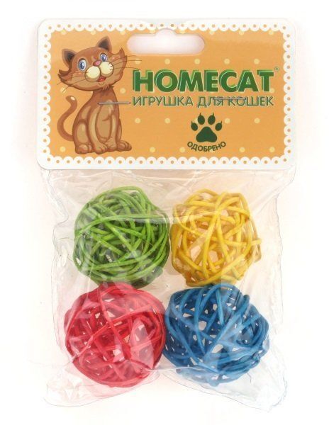 HOMECAT 4 шт Ф 4,5 см игрушка для кошек мячи из ротанга с колокольчиком
