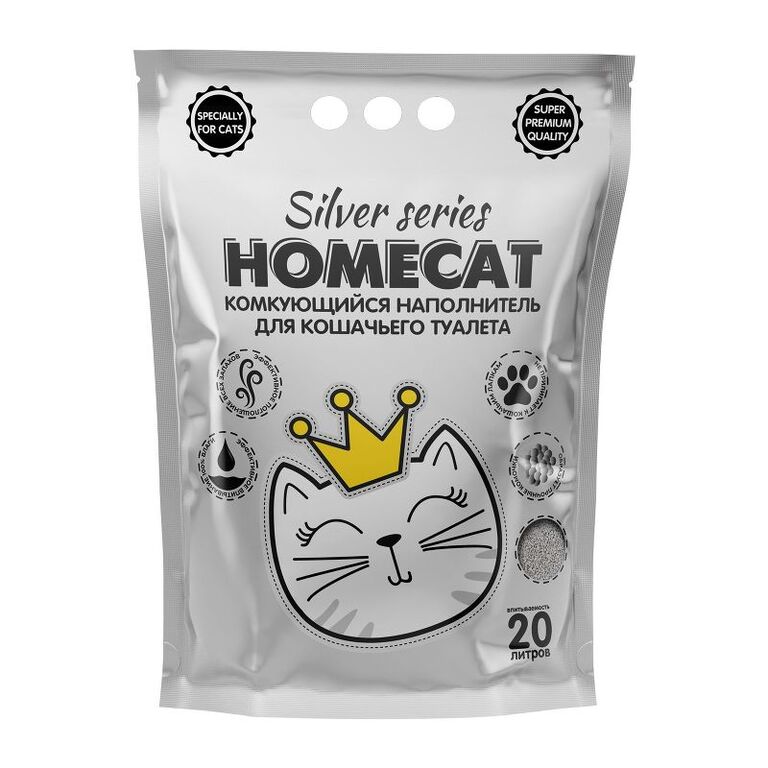 HOMECAT SILVER SERIES 20 л 5 кг комкующийся наполнитель премиум  для кошачьих туалетов 1х4