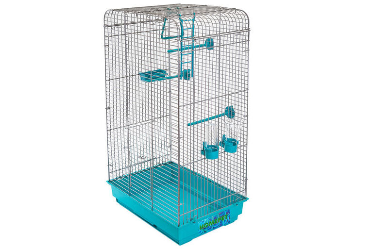 HOMEPET 41 см х 30 см х 76 см шаг прута 12 мм клетка для птиц с наполнением поилка, кормушка, жердочки бирюзовая