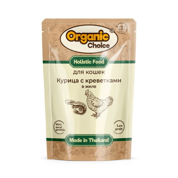 Organic Сhoice Low Grain 70 г паучи для кошек курица с креветками в желе 1х12