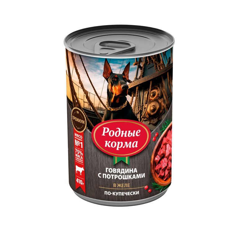 РОДНЫЕ КОРМА 410 г консервы для собак говядина с потрошками в желе по-купечески 1х6