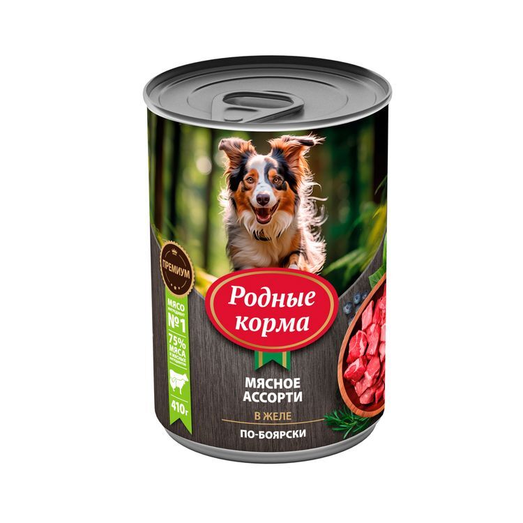 РОДНЫЕ КОРМА 410 г консервы для собак мясное ассорти в желе по-боярски 1х6