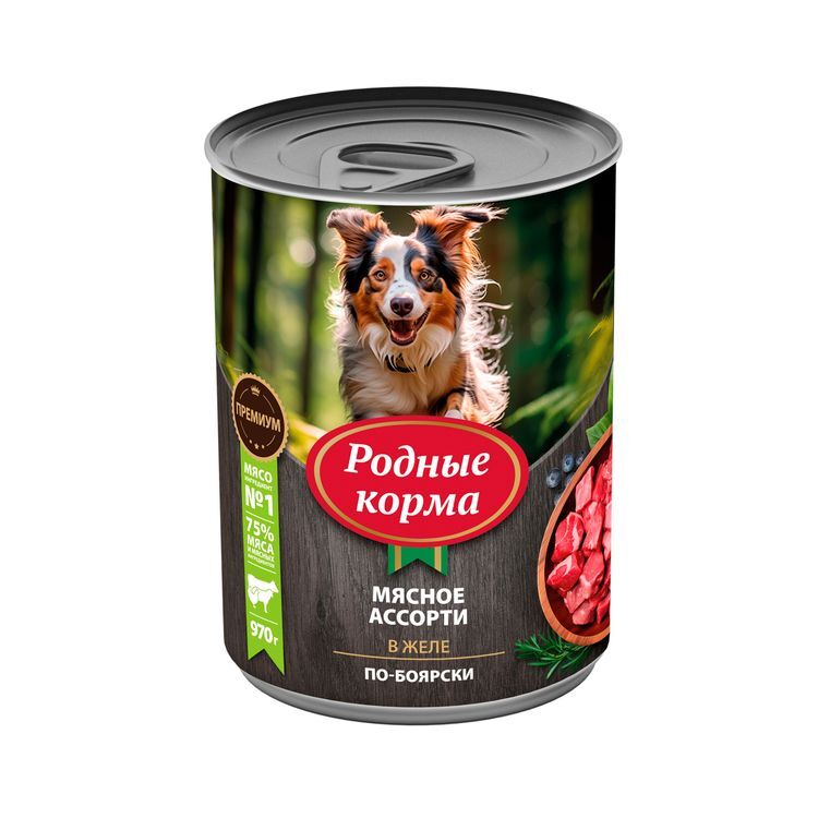 РОДНЫЕ КОРМА 970 г консервы для собак мясное ассорти в желе по-боярски 1х6