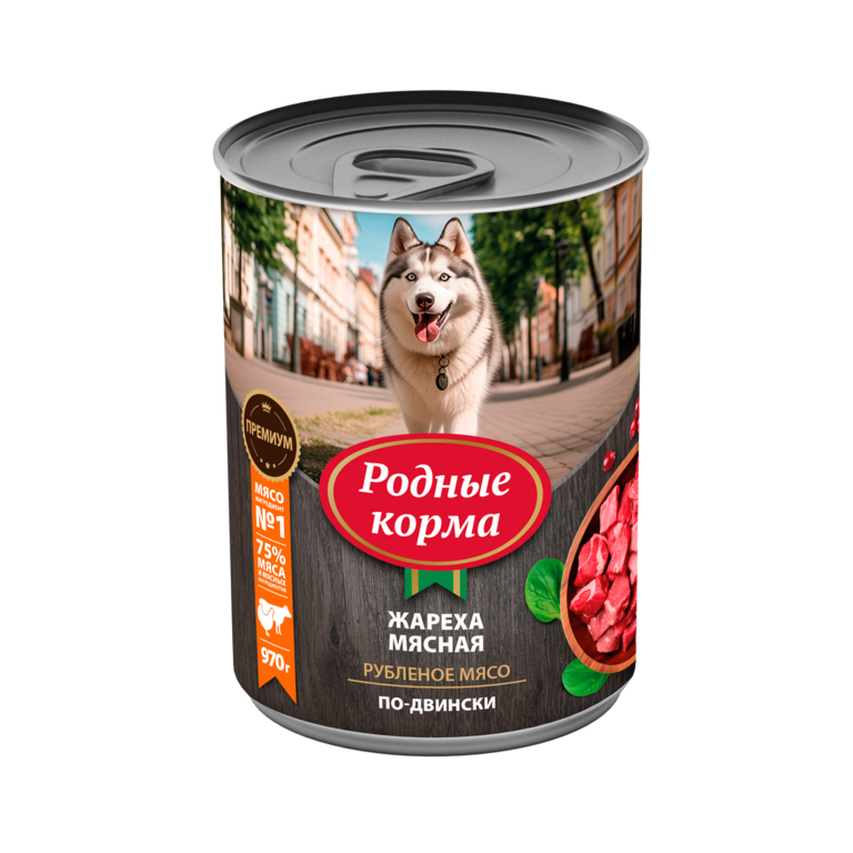 РОДНЫЕ КОРМА 970 г консервы для собак жареха мясная по-двински