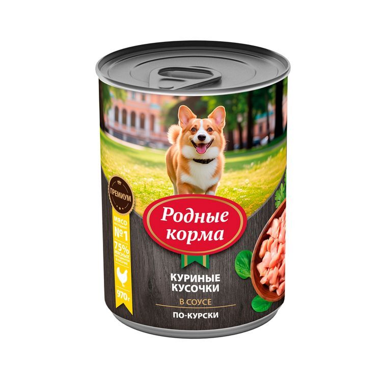 РОДНЫЕ КОРМА 970 г консервы для собак куриные кусочки в соусе по-курски 1х6