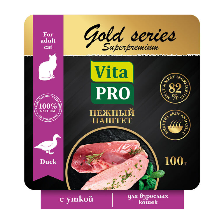 VITA PRO GOLD series Superpremium 100 г ламистер полнорационый консервированный корм нежный паштет для взрослых кошек с уткой 1х14